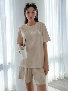 DAZY Embroidery Letter Detail Tee & Shorts - Apricot - View 5