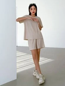 DAZY Embroidery Letter Detail Tee & Shorts - Apricot - View 6