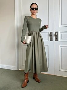 DAZY Solid Cut Out Detail A-line Dress - Green - View 1