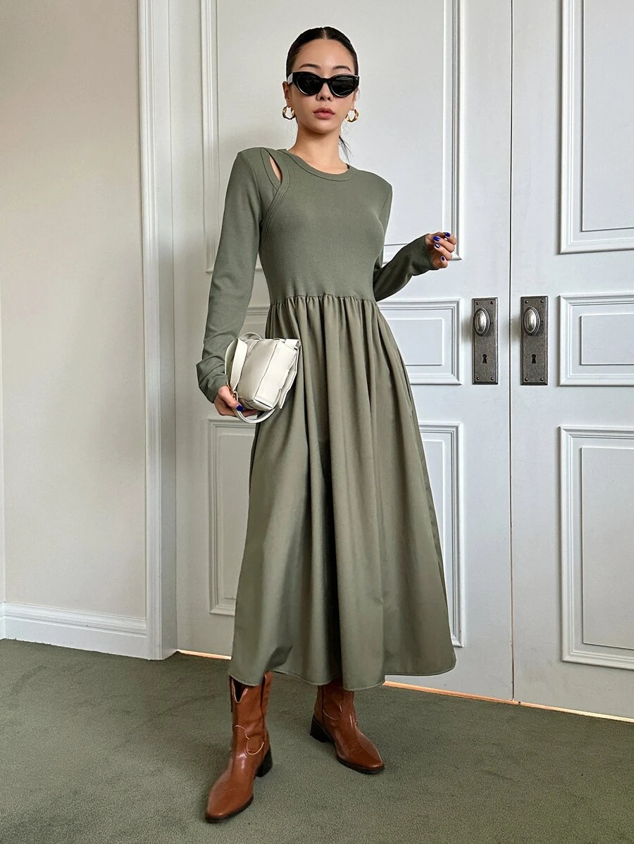 DAZY Solid Cut Out Detail A-line Dress - Green - View 1