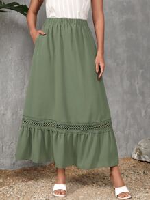 SHEIN LUNE Váy nữ Tương phản ren Túi Viên lá sen màu trơn Giải trí - xanh quân đội - Xem 1