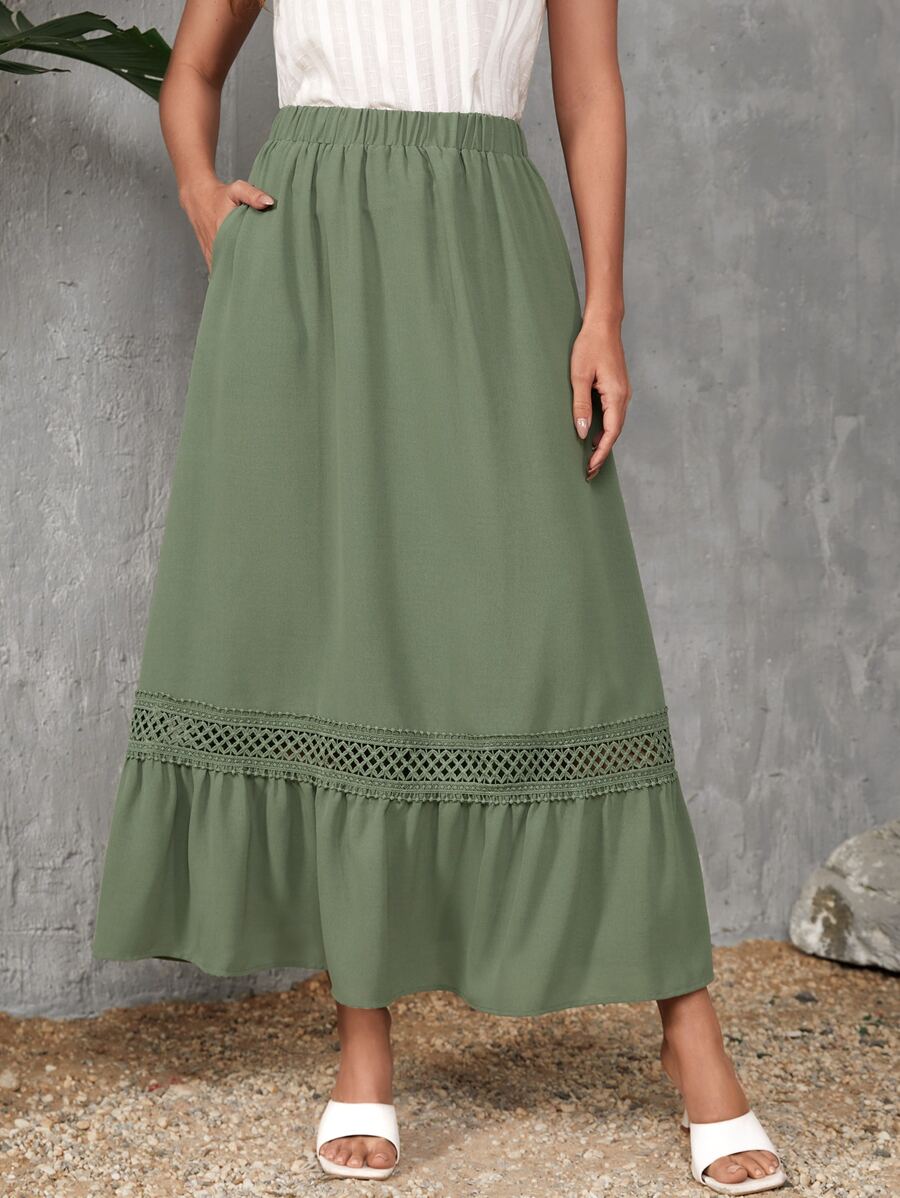 SHEIN LUNE Váy nữ Tương phản ren Túi Viên lá sen màu trơn Giải trí - xanh quân đội - Xem 1