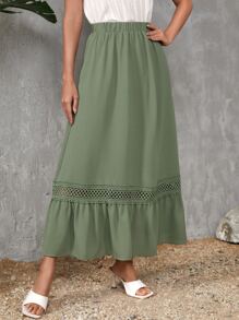 SHEIN LUNE Váy nữ Tương phản ren Túi Viên lá sen màu trơn Giải trí - xanh quân đội - Xem 3