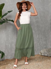 SHEIN LUNE Váy nữ Tương phản ren Túi Viên lá sen màu trơn Giải trí - xanh quân đội - Xem 4