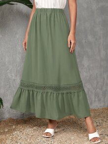 SHEIN LUNE Váy nữ Tương phản ren Túi Viên lá sen màu trơn Giải trí - xanh quân đội - Xem 5