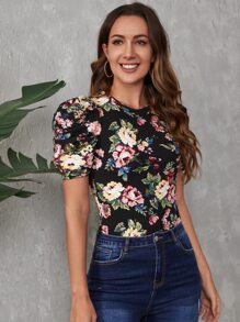 SHEIN Clasi Floral Print Puff Sleeve Tee - Multicolor - View 3