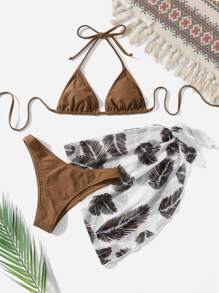 Bản in lá Bộ Bikini Dây Tam giác Bras & Cao eo Đáy & Che đậy Váy 3 mảnh Tắm rửa - Màu nâu  Mocha - Xem 1