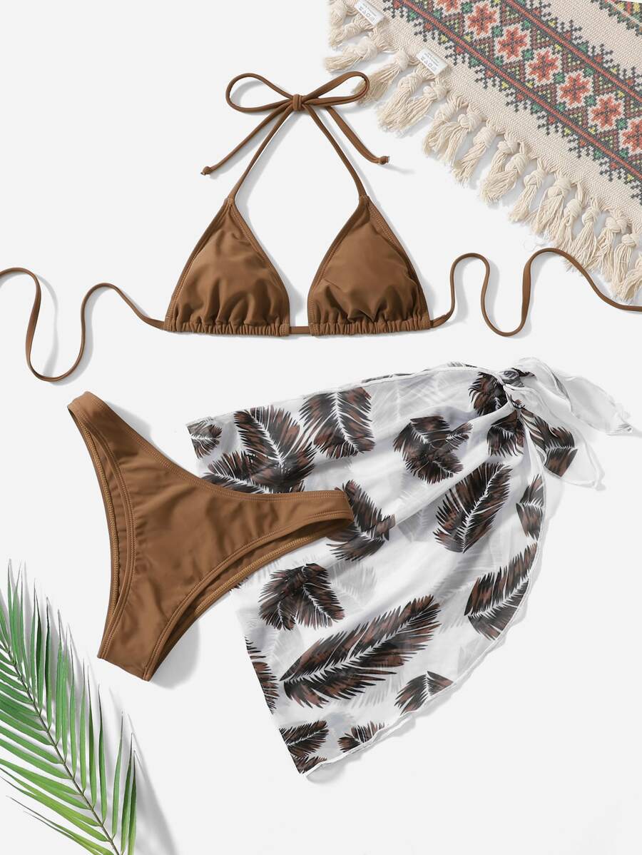 Bản in lá Bộ Bikini Dây Tam giác Bras & Cao eo Đáy & Che đậy Váy 3 mảnh Tắm rửa - Màu nâu Mocha - Xem 1