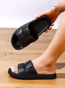 女士極簡紋理單帶拖鞋，時尚室內 EVA 鞋