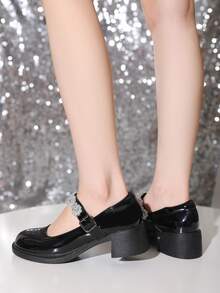 Beaded Decor Chunky Heeled Mary Jane Pumps - Black - View 2