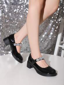 Beaded Decor Chunky Heeled Mary Jane Pumps - Black - View 3