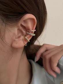 1 套（3 件）2025 推荐流行铜微镶嵌无穿孔夹式耳环，适合女性派对、校园、夜店、商务和日常佩戴，百搭简约 - 金黃色 - 查看 2