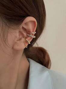 1 套（3 件）2025 推荐流行铜微镶嵌无穿孔夹式耳环，适合女性派对、校园、夜店、商务和日常佩戴，百搭简约 - 金黃色 - 查看 3