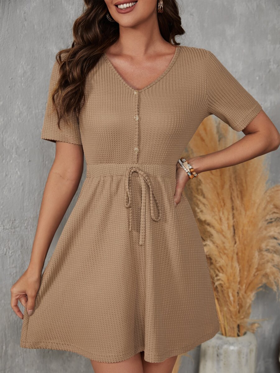 SHEIN LUNE Waffle Knit Knot Front A-line Dress - Camel - View 1