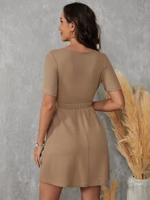 SHEIN LUNE Waffle Knit Knot Front A-line Dress - Camel - View 2