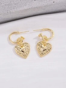Pendientes largos con textura de metal con corazón - Amarillo Oro - Ver 5