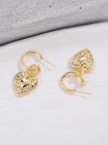 Pendientes largos con textura de metal con corazón - Amarillo Oro - Ver 6