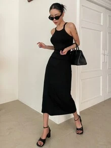DAZY 純色分割腿假吊帶連身裙 - 黑色 - 查看 5