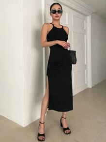 DAZY 純色分割腿假吊帶連身裙 - 黑色 - 查看 6