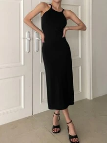 DAZY 純色分割腿假吊帶連身裙 - 黑色 - 查看 9