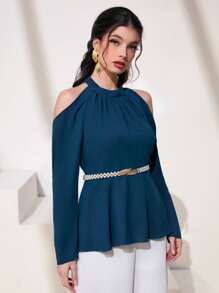 Modelyn Cold Shoulder Peplum Blouse Without Belt - Teal Blue - View 1