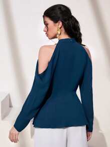 Modelyn Cold Shoulder Peplum Blouse Without Belt - Teal Blue - View 2
