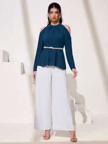 Modelyn Cold Shoulder Peplum Blouse Without Belt - Teal Blue - View 3