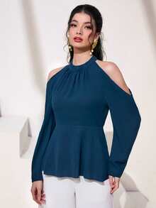 Modelyn Cold Shoulder Peplum Blouse Without Belt - Teal Blue - View 4