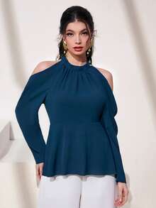 Modelyn Cold Shoulder Peplum Blouse Without Belt - Teal Blue - View 5