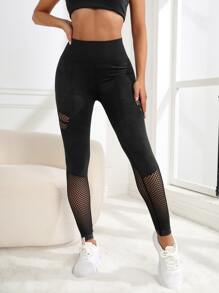 Yoga Leggings Seamless High Stretch Tummy Control Fishnet Panel Sports Tights - Black - View 5