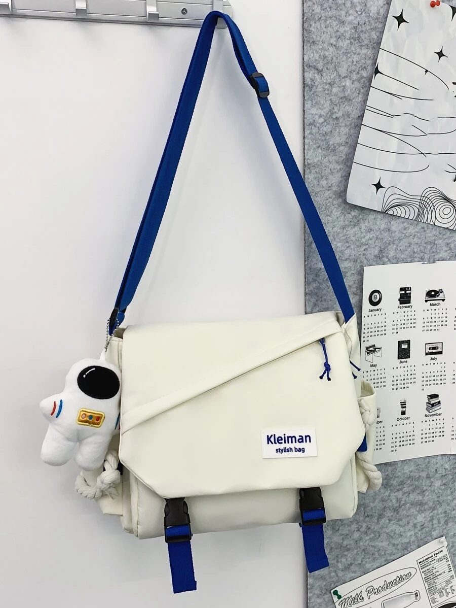 Letter Patch Flap Square Bag With Bag Charm - White - View 1