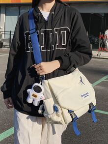 Letter Patch Flap Square Bag With Bag Charm - White - View 4