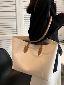 时尚大容量手提包，配有肩带和手柄 - 白色 - 查看 6