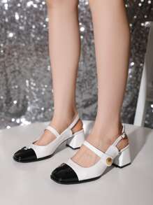 Zapatos de salón destalonados con tacón grueso y punta cuadrada en dos tonos - Blanco y Negro - Ver 1