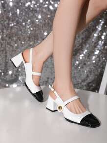 Zapatos de salón destalonados con tacón grueso y punta cuadrada en dos tonos - Blanco y Negro - Ver 3