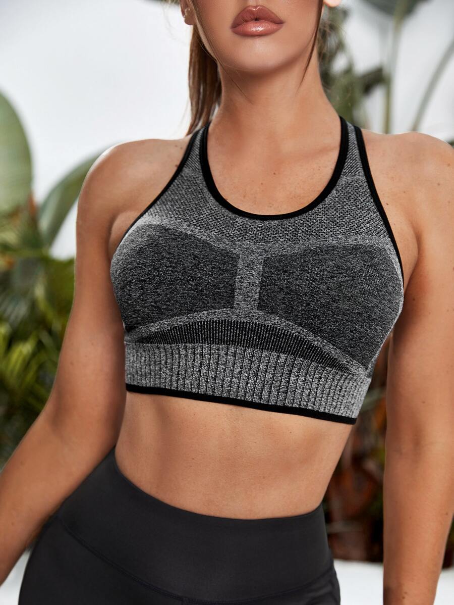 Sujetador deportivo de space dye unido en contraste de espalda nadadora - Gris - Ver 1