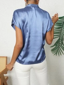 SHEIN Privé Solid Surplice Neck Satin Blouse - Blue - View 2