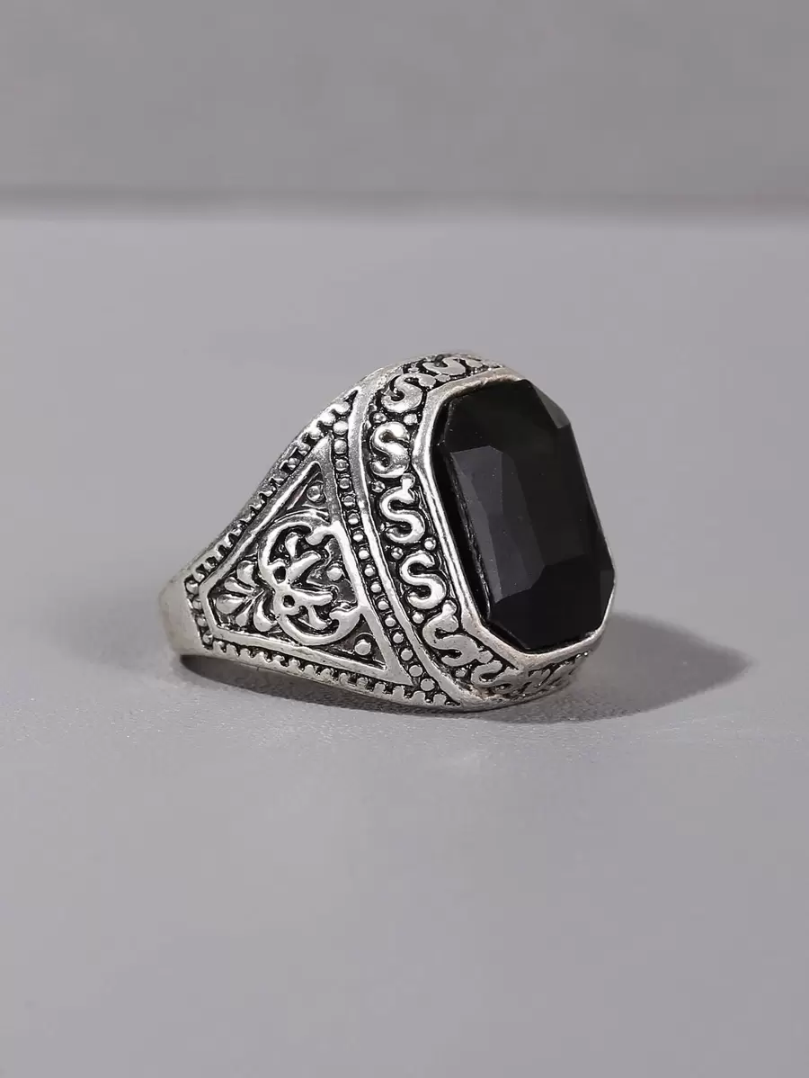 時尚流行男士質感金屬戒指朋克嘻哈風格合金材料適合度假和時尚外觀 - 黑色 - 查看 1