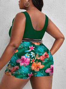 Slaydiva Plus Tropical Print Ruched Mesh Panel One Piece Swimsuit - Multicolor - View 2