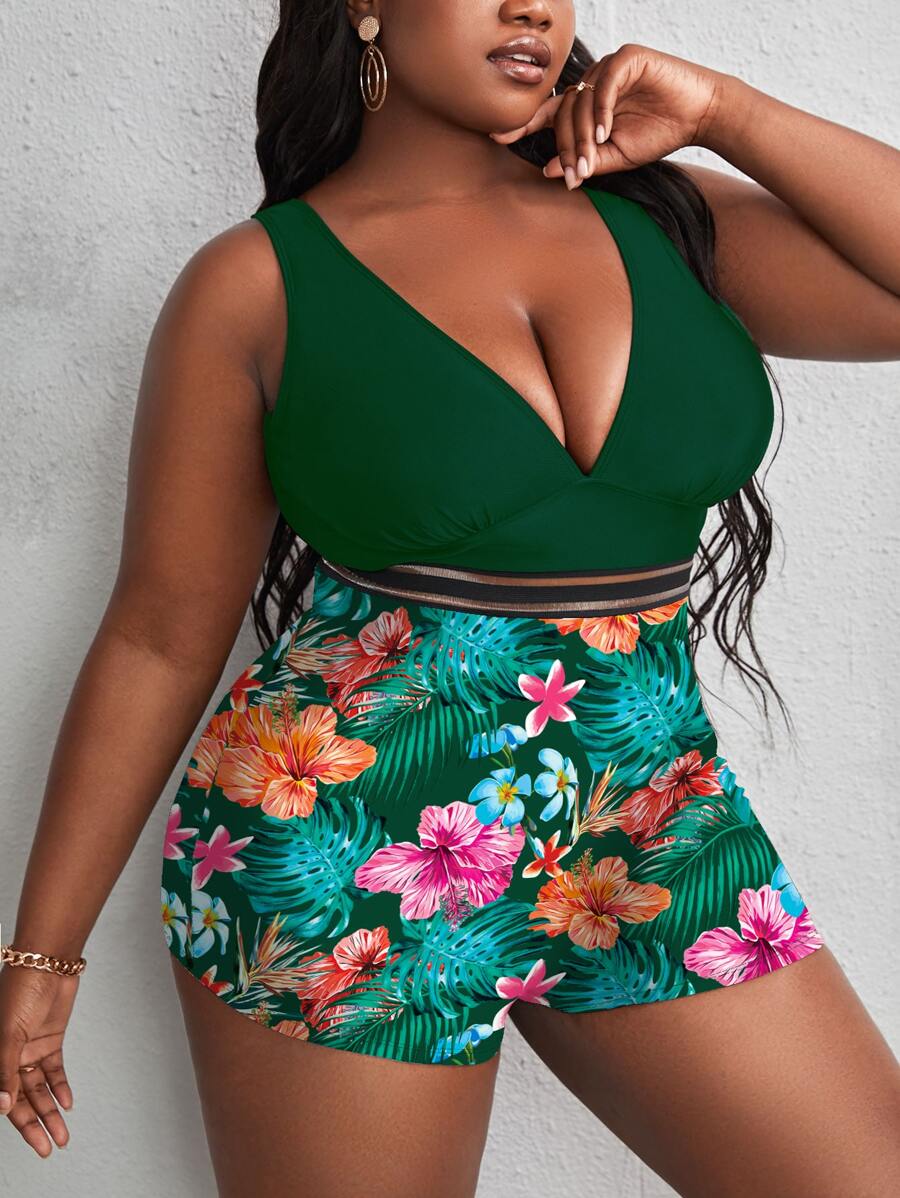 Slaydiva Plus Tropical Print Ruched Mesh Panel One Piece Swimsuit - Multicolor - View 1