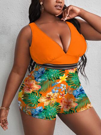 SHEIN Slayr 大碼熱帶圖案褶邊拼接網紗連體泳衣