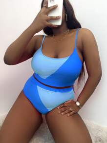 SHEIN Slayr 夏日沙灘加大尺碼兩色比基尼套裝 - 藍色 - 查看 1