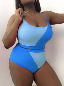 SHEIN Slayr 夏日沙灘加大尺碼兩色比基尼套裝 - 藍色 - 查看 3