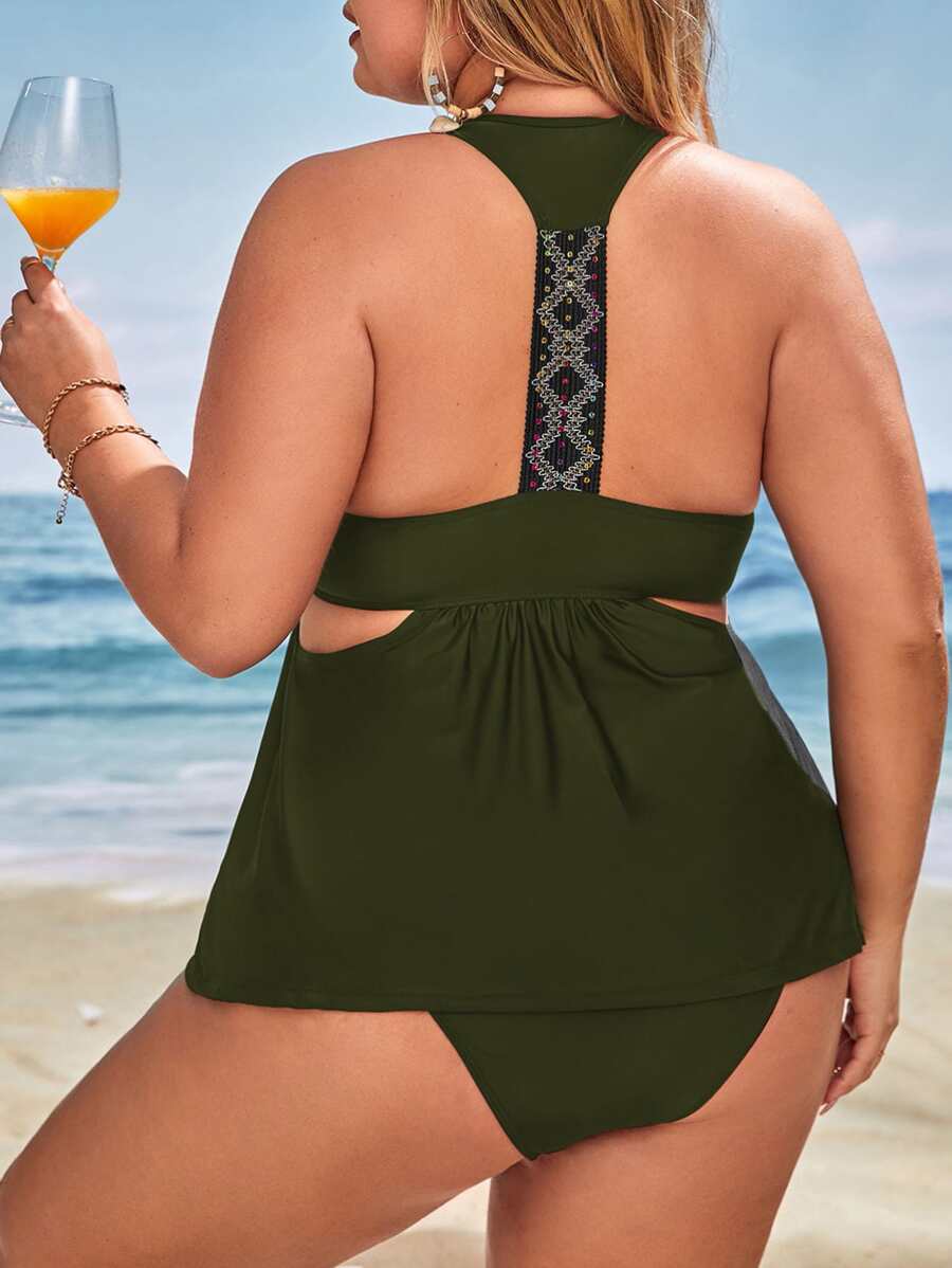 SHEIN Swim Curve Plus Tankini Set Ruched Embroidery Tape Racer Back Tank Top & High Waisted Bottom 2 Piece Separate Bathing Suit - Dark Green - View 1