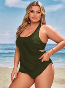 SHEIN Swim Curve Plus Tankini Set Ruched Embroidery Tape Racer Back Tank Top & High Waisted Bottom 2 Piece Separate Bathing Suit - Dark Green - View 2