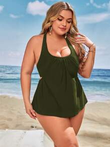 SHEIN Swim Curve Plus Tankini Set Ruched Embroidery Tape Racer Back Tank Top & High Waisted Bottom 2 Piece Separate Bathing Suit - Dark Green - View 4