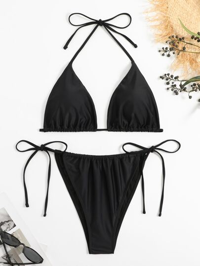 SHEIN Swim Curve Conjunto de biquini talla grande talla para verano y playa, con top halter de triángulo y Bottom de biquini anudada, 2 piezas