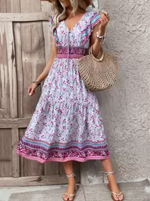 SHEIN VCAY Allover Floral Print Ruffle Trim Tie Front Shirred Waist Dress - Multicolor - View 1