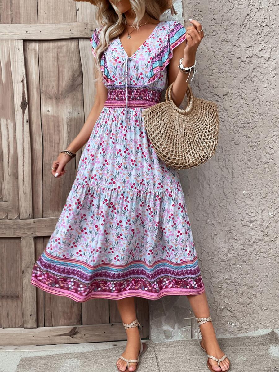 SHEIN VCAY Allover Floral Print Ruffle Trim Tie Front Shirred Waist Dress - Multicolor - View 1