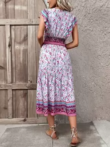 SHEIN VCAY Allover Floral Print Ruffle Trim Tie Front Shirred Waist Dress - Multicolor - View 2